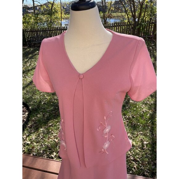 Leslie Belle Pink Size 10P Short Sleeve Two-Piece Maxi Dress With Floral Embroid - Picture 4 of 15